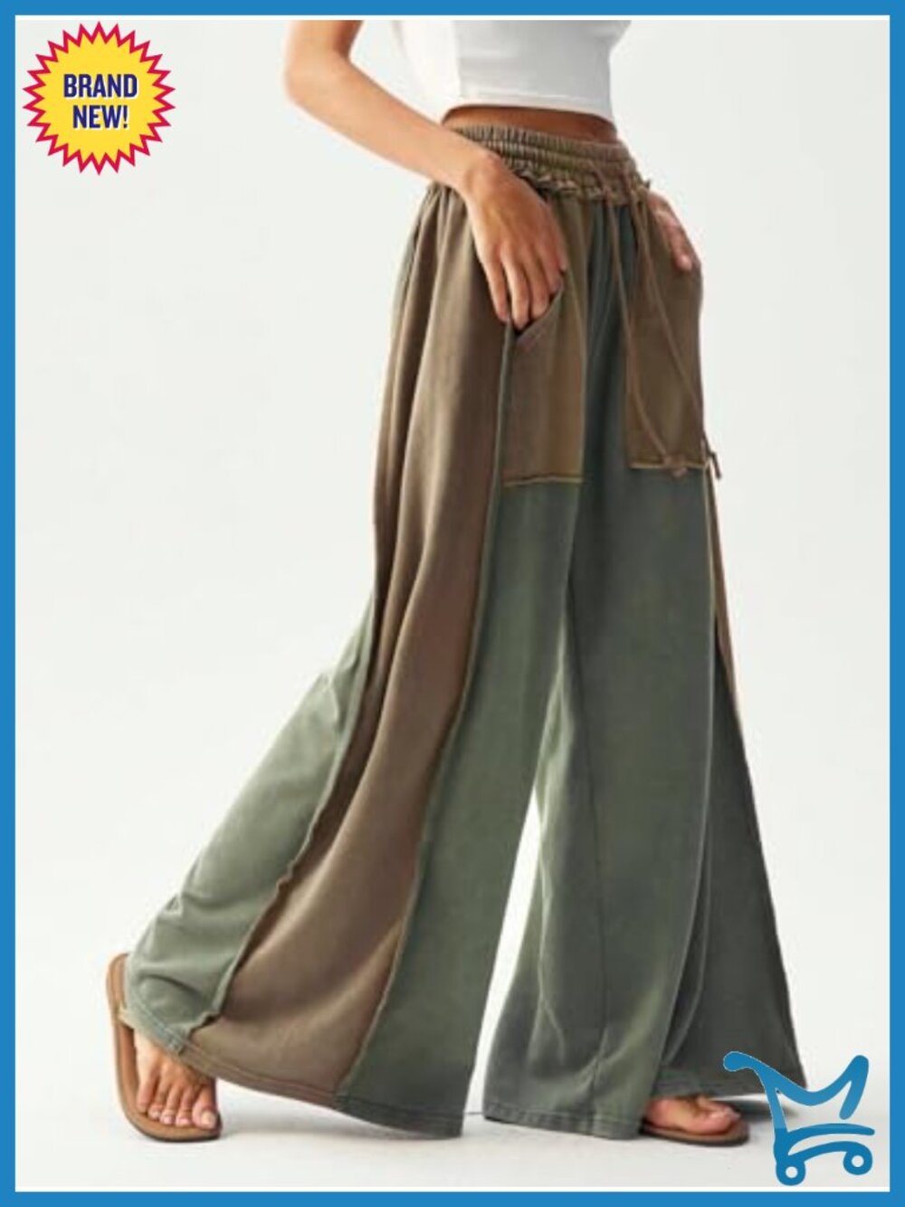 Colorblock Wide Leg Baggy Sweatpants High Rise Drawstring Palazzo Pants - Picture 5 of 6